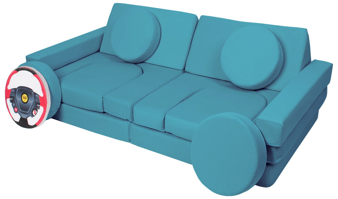 Modular sofa bed, multifunctional foam blocks, car with steering wheel