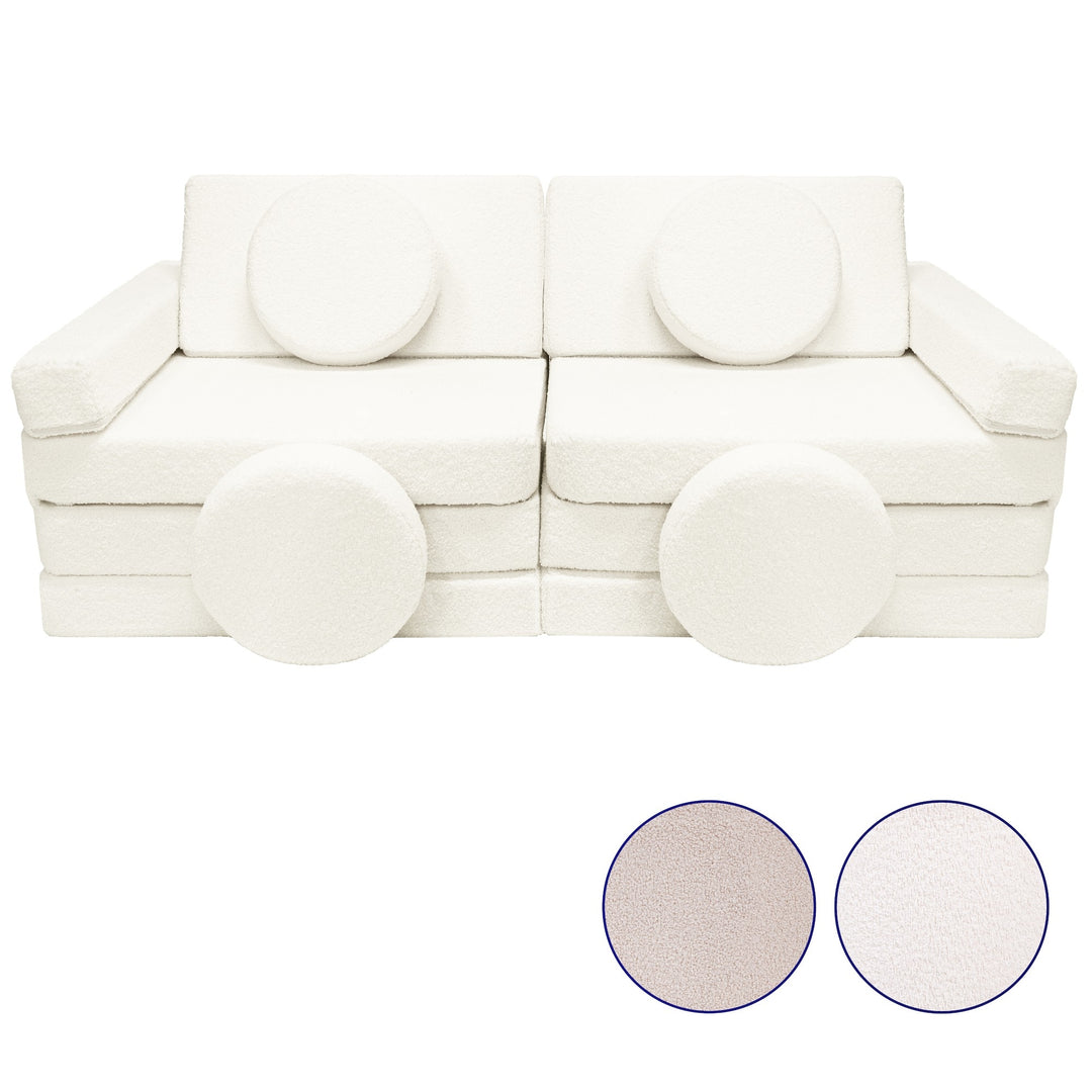 Modular bouclé sofa bed, multifunctional foam blocks, car with steering wheel