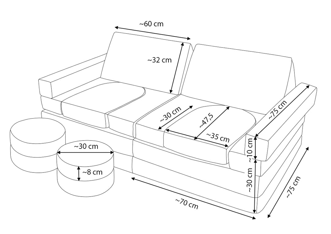 Modular sofa bed, multifunctional foam blocks, car with steering wheel