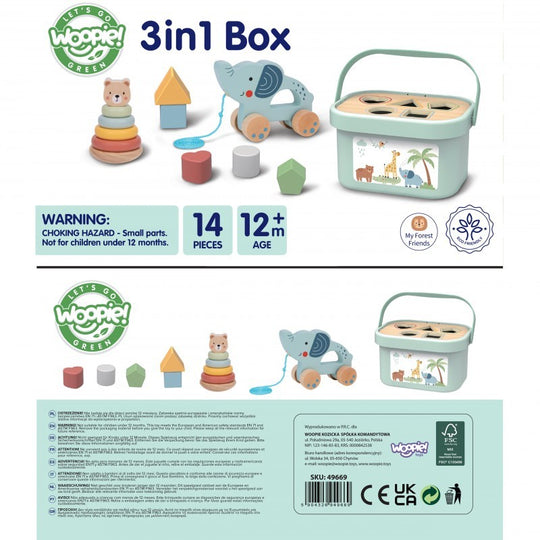 3in1 Toy Box - Sorting Blocks, Stackable Pyramid and Elephant On Wheels