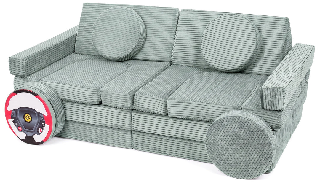 Modular sofa bed, multifunctional foam blocks, car with steering wheel