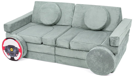 Modular sofa bed, multifunctional foam blocks, car with steering wheel