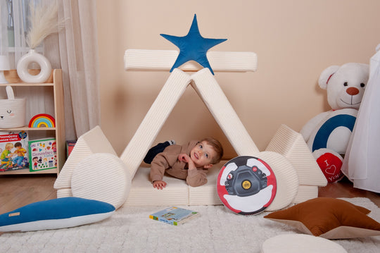 Modular sofa bed, multifunctional foam blocks, car with steering wheel