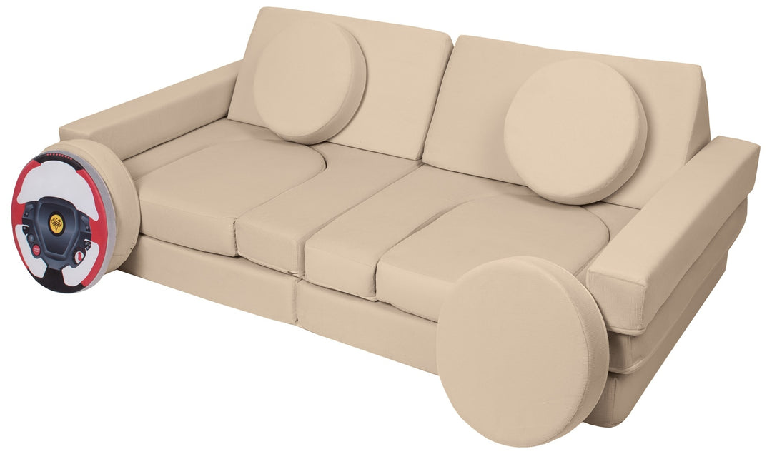 Modular sofa bed, multifunctional foam blocks, car with steering wheel