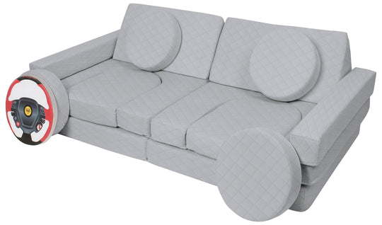 Modular sofa bed, multifunctional foam blocks, car with steering wheel
