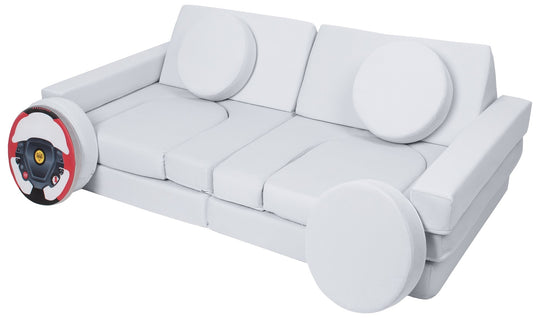 Modular sofa bed, multifunctional foam blocks, car with steering wheel