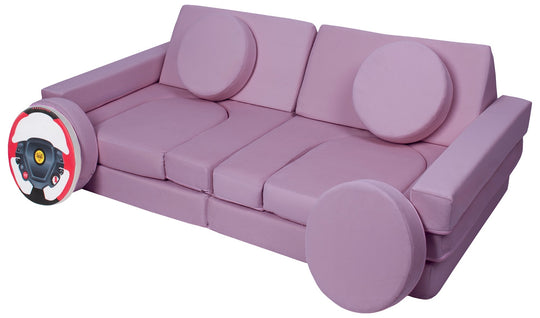 Modular sofa bed, multifunctional foam blocks, car with steering wheel