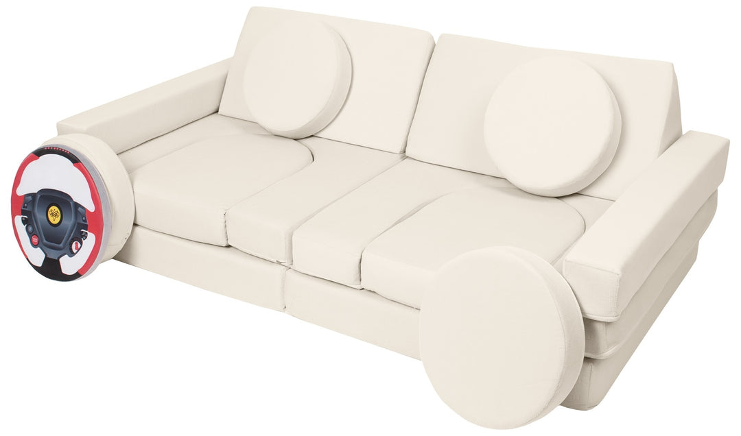 Modular sofa bed, multifunctional foam blocks, car with steering wheel