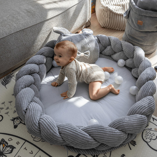Baby Nest &amp; Play Mat With Crib Bumper Braid - Grey