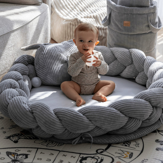 Baby Nest &amp; Play Mat With Crib Bumper Braid - Grey