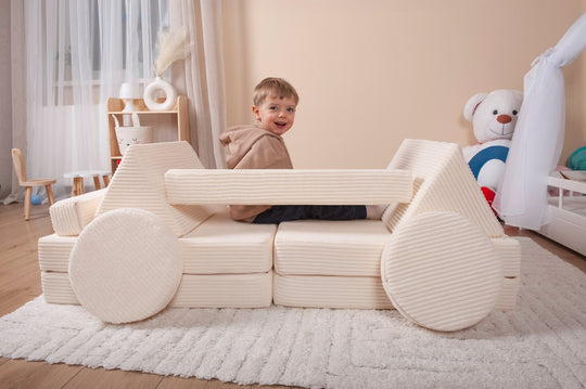 Modular sofa bed, multifunctional foam blocks, car with steering wheel