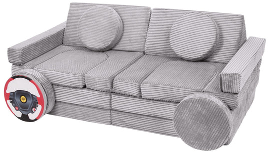 Modular sofa bed, multifunctional foam blocks, car with steering wheel