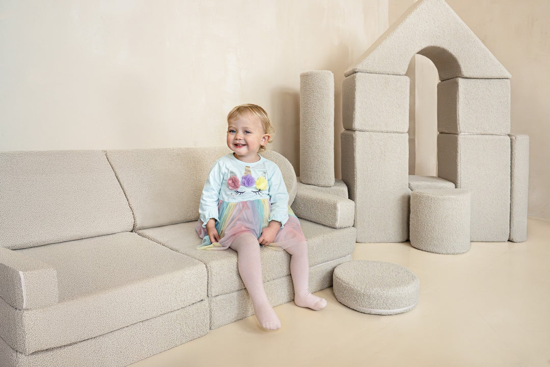 Bouclé modular kids sofa, foam blocks