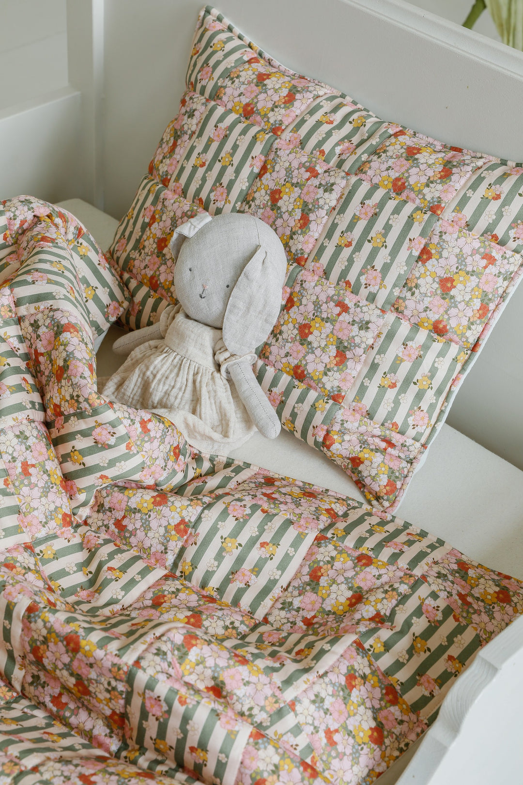 Cotton Quilted Patchwork Blanket + Pillow Set Small - Green Garden