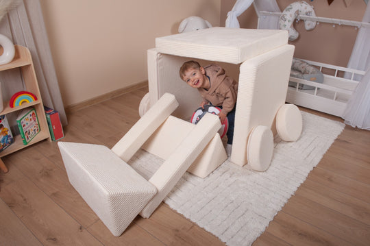 Modular sofa bed, multifunctional foam blocks, car with steering wheel