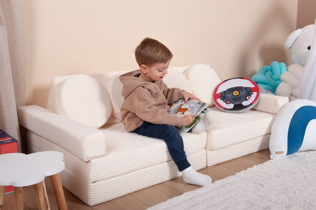 Modular sofa bed, multifunctional foam blocks, car with steering wheel