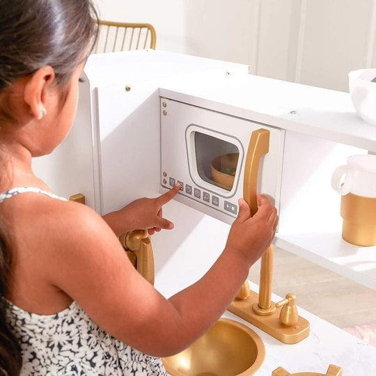 Large White and Gold Wooden Play Kitchen for Children