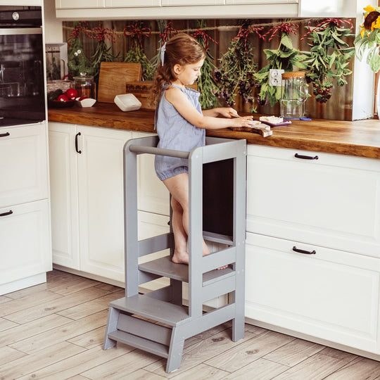 MeowBaby Wooden Kitchen Helper for Children with Board - Dark Grey