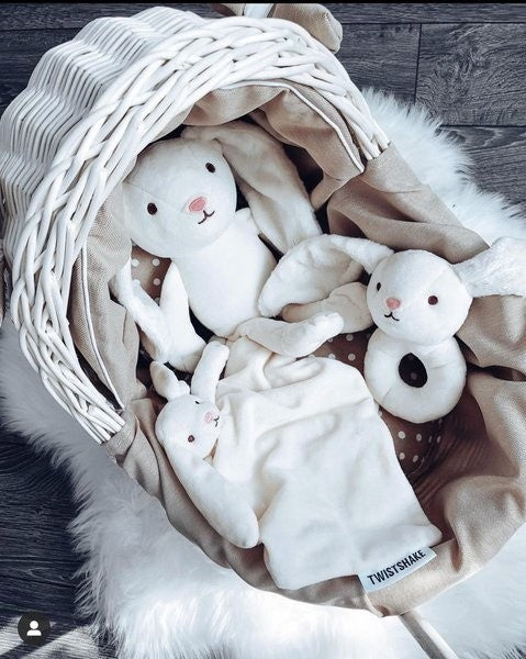 Whitewashed Wicker Doll Pram – Beige Bedding