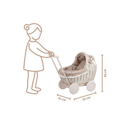 Whitewashed Wicker Doll Pram – Beige Bedding