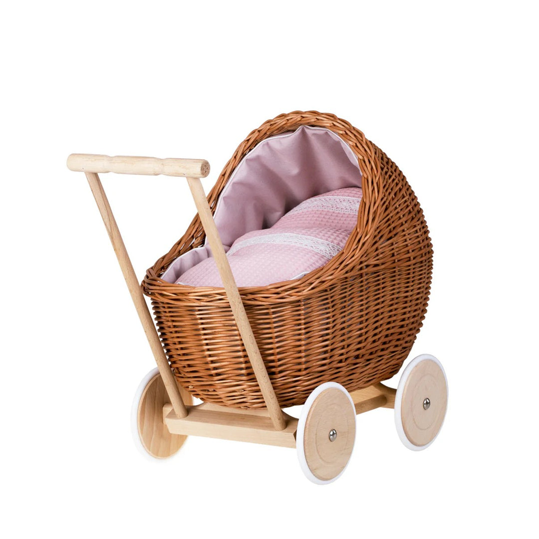 Wicker Doll Pram Lili – Pink Bedding